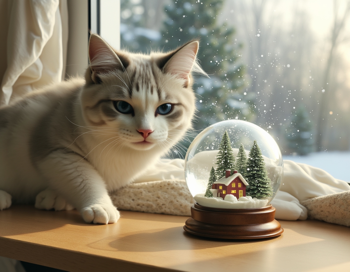 Playful cat bats at a snow globe on a table, mesmerized by the swirling snowflakes inside. The globe features a miniature Christmas village, while a snowy landscape is visible through the window in the background, enhancing the festive atmosphere.